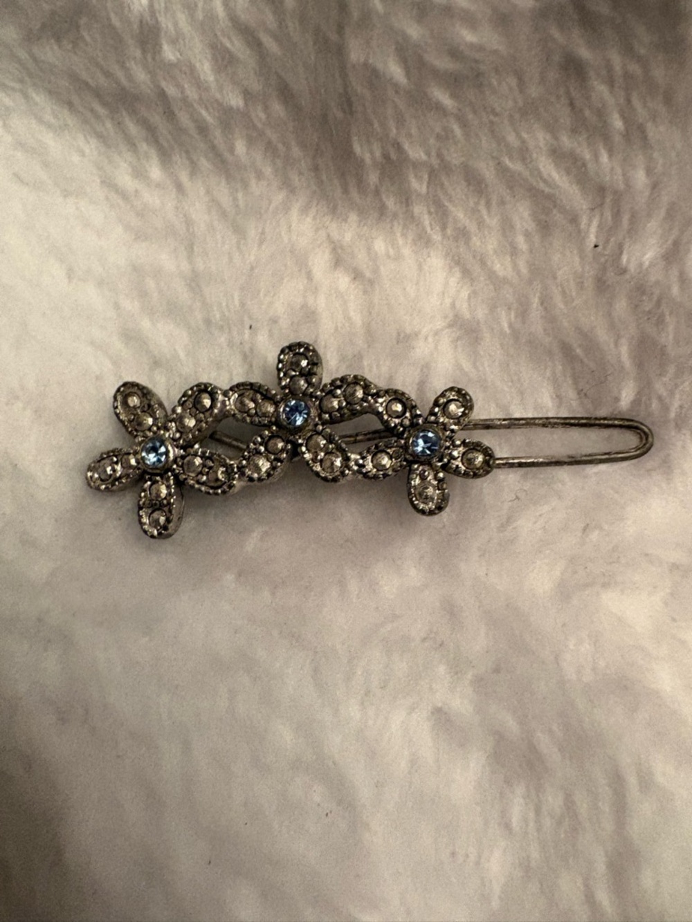 Crystal Flower Hair Barrette - Silver with Light Blue Stones
